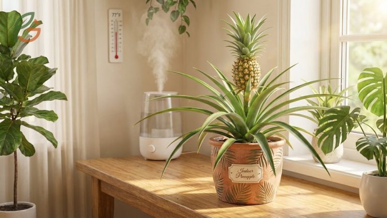 An indoor pineapple plant thriving in a container near a sunny window for fresh fruit production.