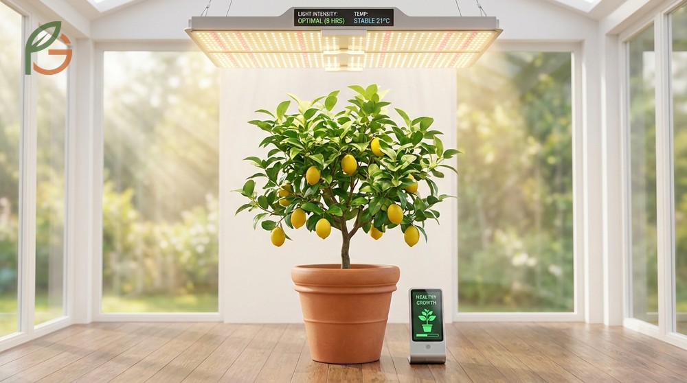 Growing lemon tree indoors requirements including 8 to 12 hours of bright light and stable temps.