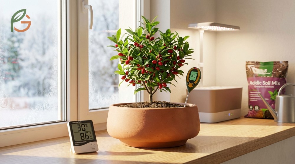 Miracle fruit growing indoors in a container requires high humidity and acidic soil for optimal health.