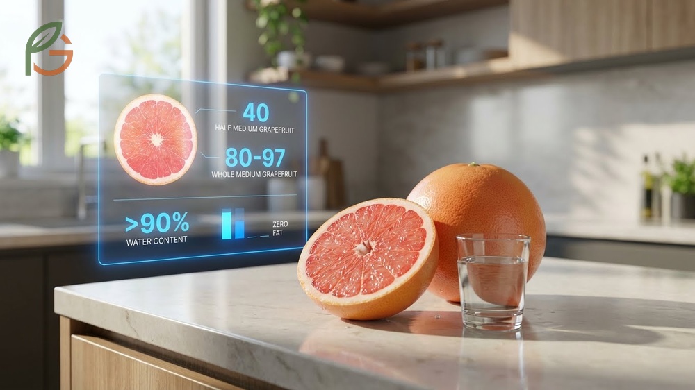 How many calories in a grapefruit varies by size with a medium fruit containing 80 to 97 calories and zero fat.