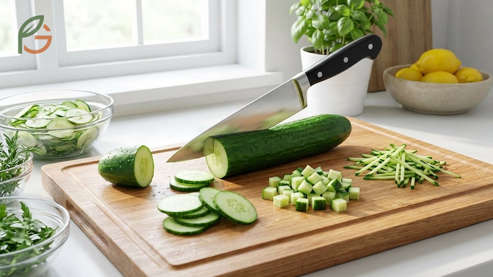 How to cut a cucumber includes techniques for rounds, dice, and julienne strips suitable for salads and fresh spring rolls.