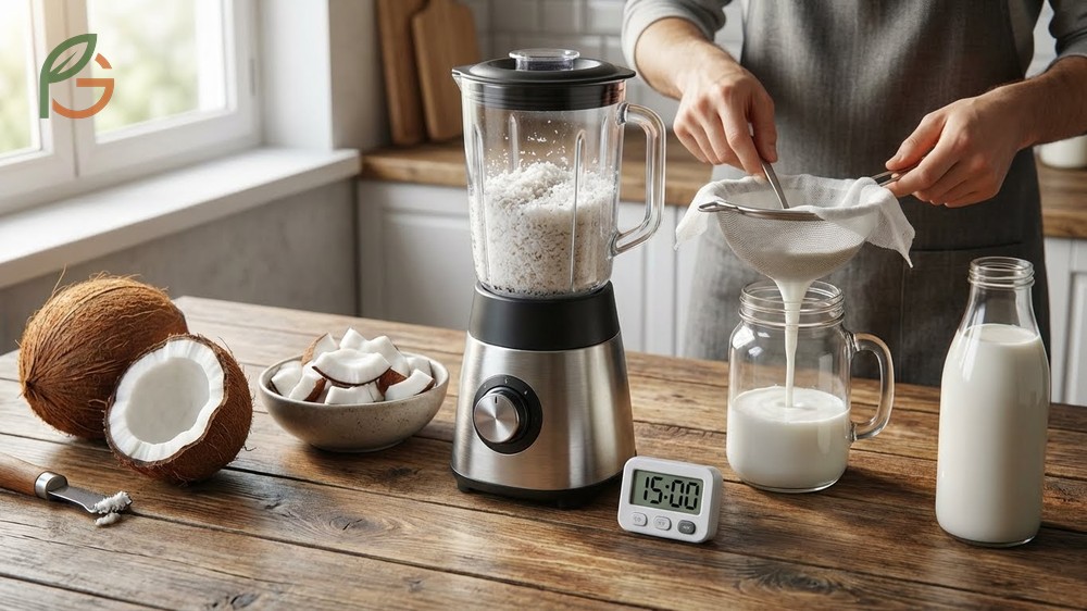 How to make coconut milk starts by extracting fresh meat from mature brown coconuts and blending it with hot water.