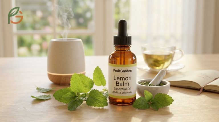 Lemon balm essential oil bottle displayed with fresh leaves for treating cold sores and reducing anxiety naturally.