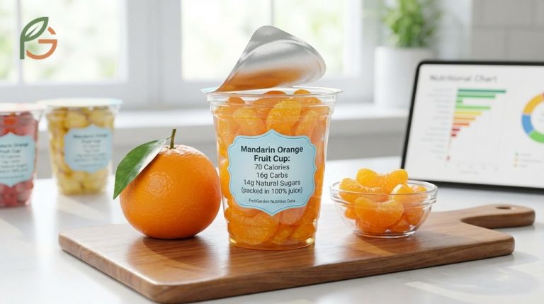 Mandarin orange fruit cup nutrition facts showing 70 calories and 16g carbohydrates per serving in juice.