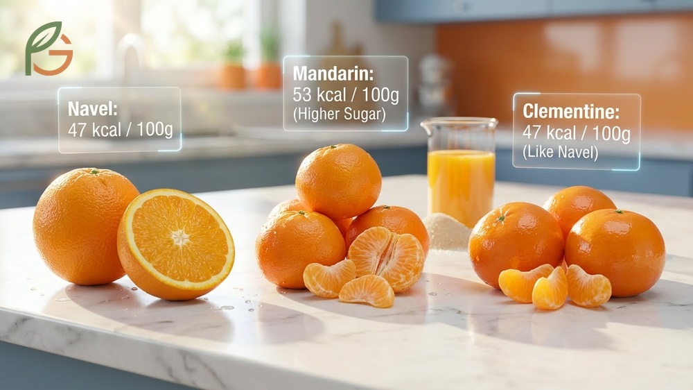 Orange calorie count by variety shows mandarins have 53 calories per 100g while navels have 47 calories.