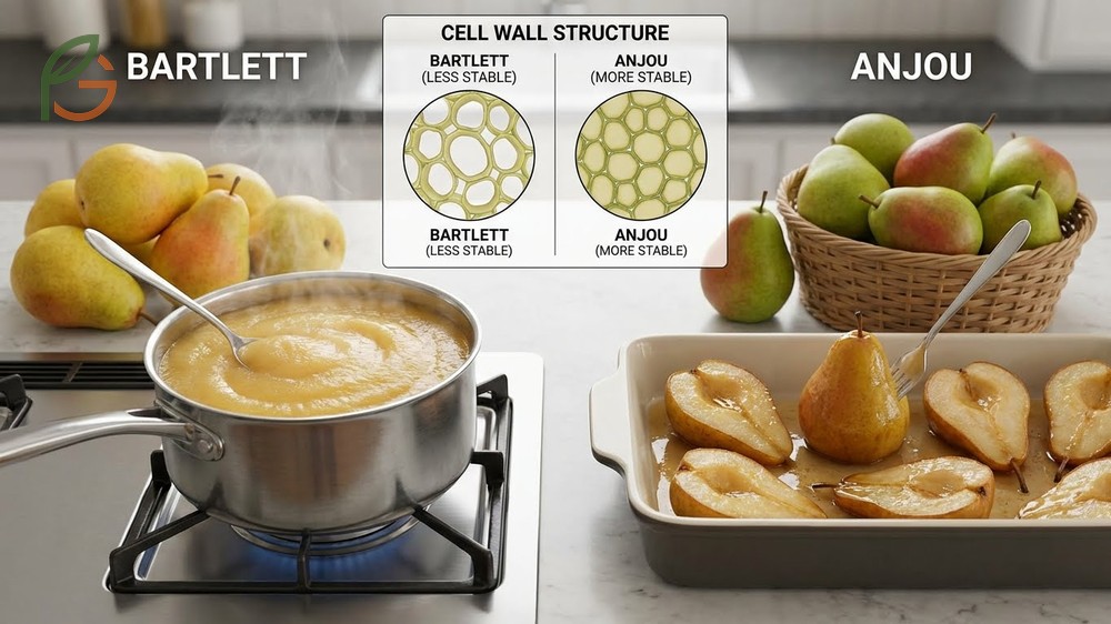 Visual texture guide showing the dense smooth flesh of Anjou versus the soft melting consistency of ripe Bartlett pears.