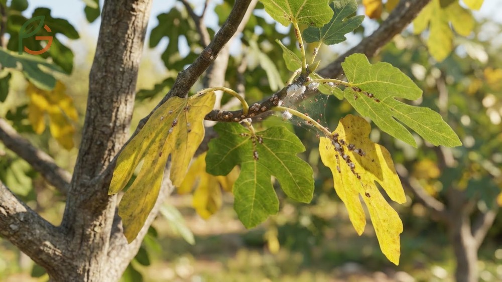 Scale insects and spider mites feed on plant sap causing fig tree leaves to turn yellow and drop prematurely.