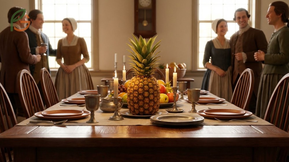 Pineapple Hospitality Meaning in Colonial America depicted through impressive centerpieces at social feasts.