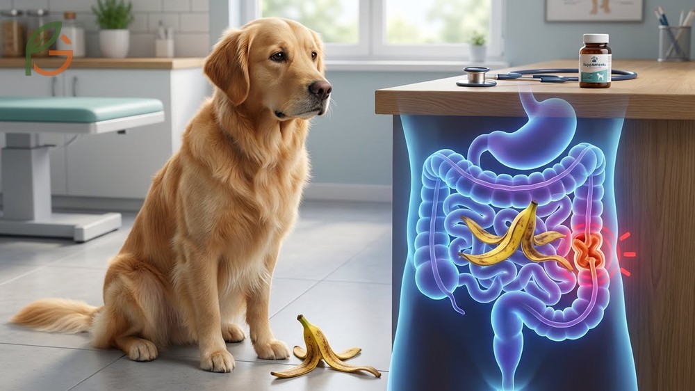 Banana peels posing serious health risks to dogs due to indigestible fiber causing intestinal blockages.