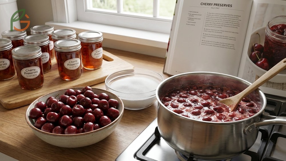 Fresh firm cherries being washed and pitted to prepare 3 pounds of fruit for making cherry preserves.