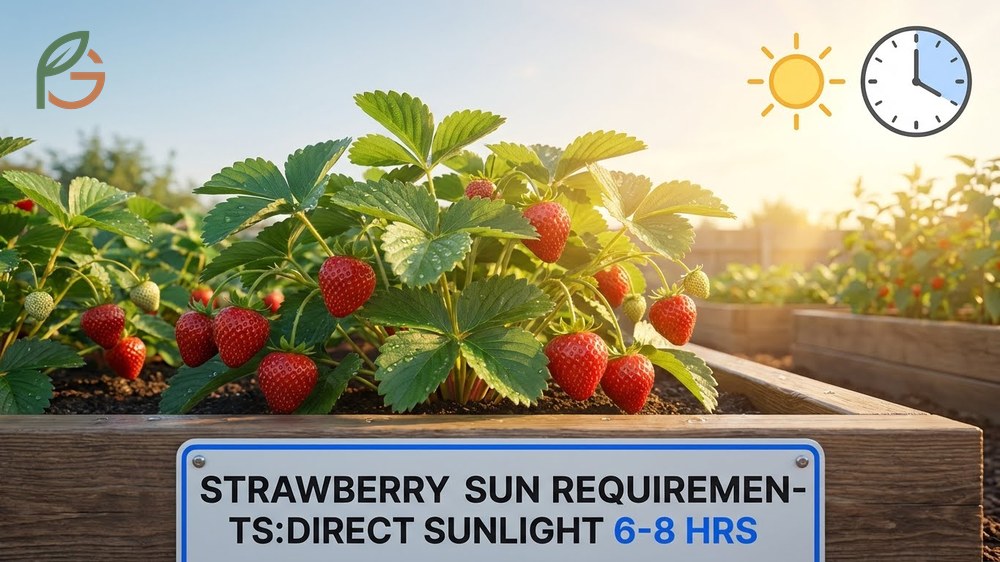 How much sun does a strawberry plant need chart indicating 6-8 hours of direct light for maximum yield.