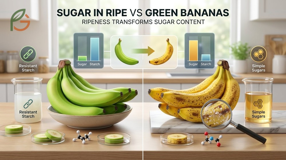 Sugar in ripe vs green bananas increases significantly as resistant starch converts to glucose and fructose.