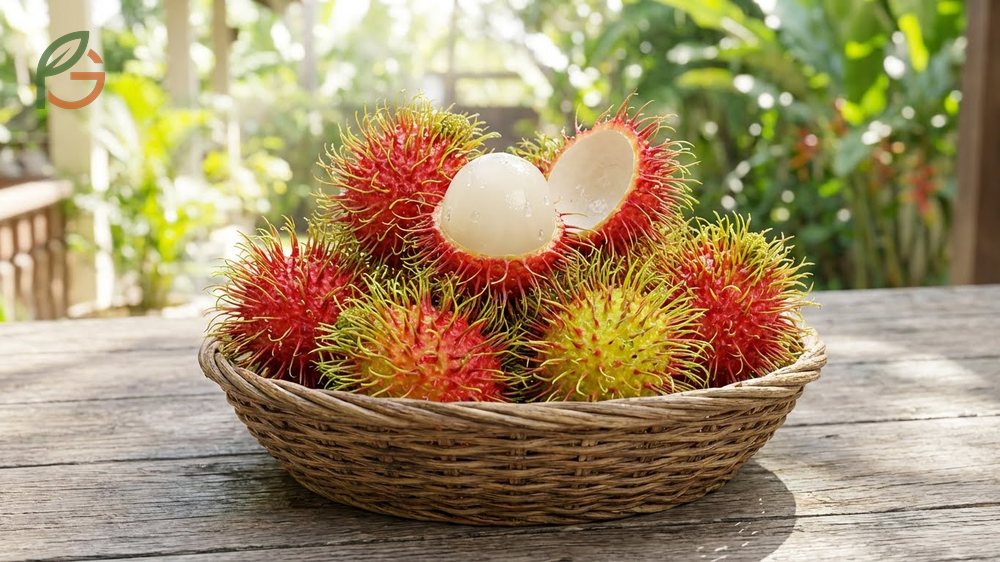 What is rambutan fruit explaining its botanical classification as Nephelium lappaceum and tropical origins.