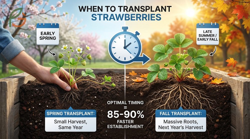When to transplant strawberries during early spring or late summer to establish root systems for optimal harvest yields.
