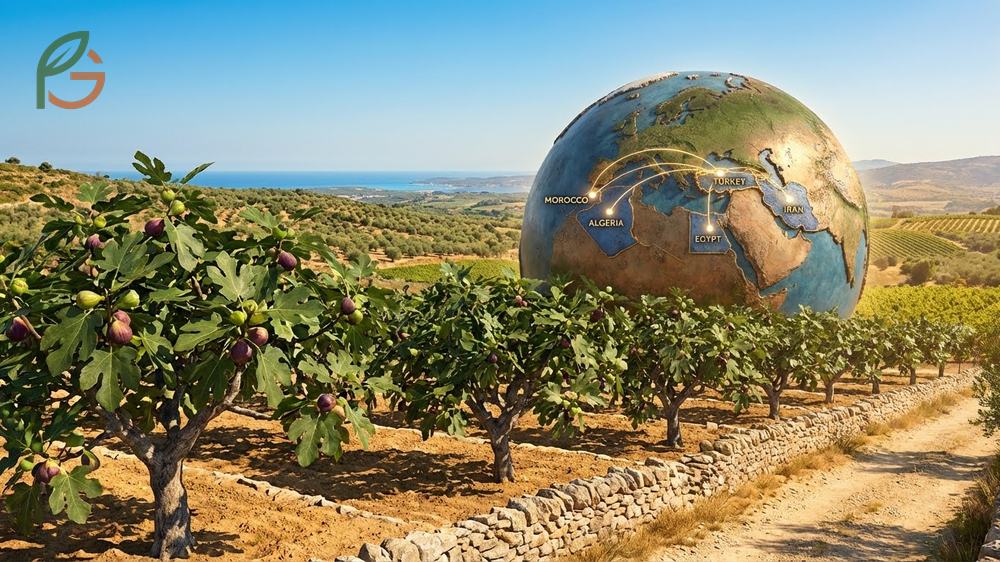 Where do figs grow globally with Turkey producing 350,000 tonnes annually across major Mediterranean regions.