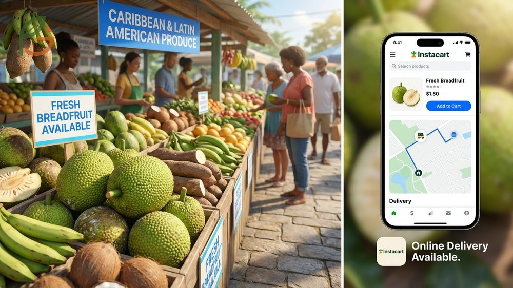 Fresh breadfruit availability in Caribbean markets and options for buying frozen slices or growing trees in warm climates.