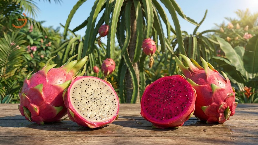 White vs red dragon fruit physical traits distinguishing pale cream pulp from deep magenta flesh with betacyanins.