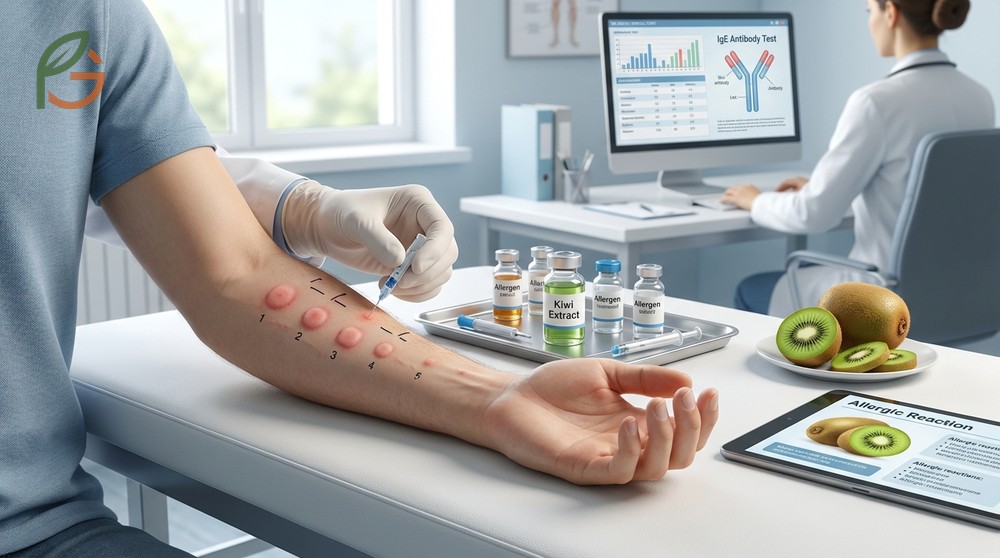 Allergic to kiwi diagnosis involves skin prick tests showing positive wheals within 15 minutes.