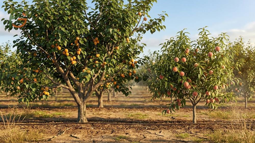 Apricot vs peach tree structure comparison showing height differences and drought tolerance for orchard planning.