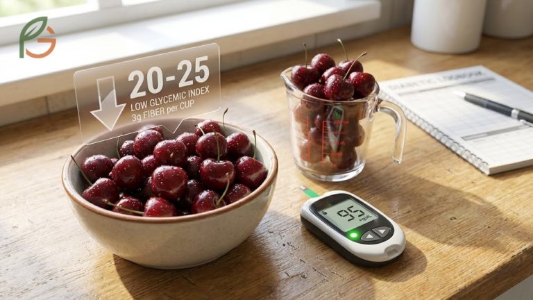 Low glycemic index of fresh cherries at 20 to 25 helping to prevent dramatic blood sugar spikes in diabetic patients.