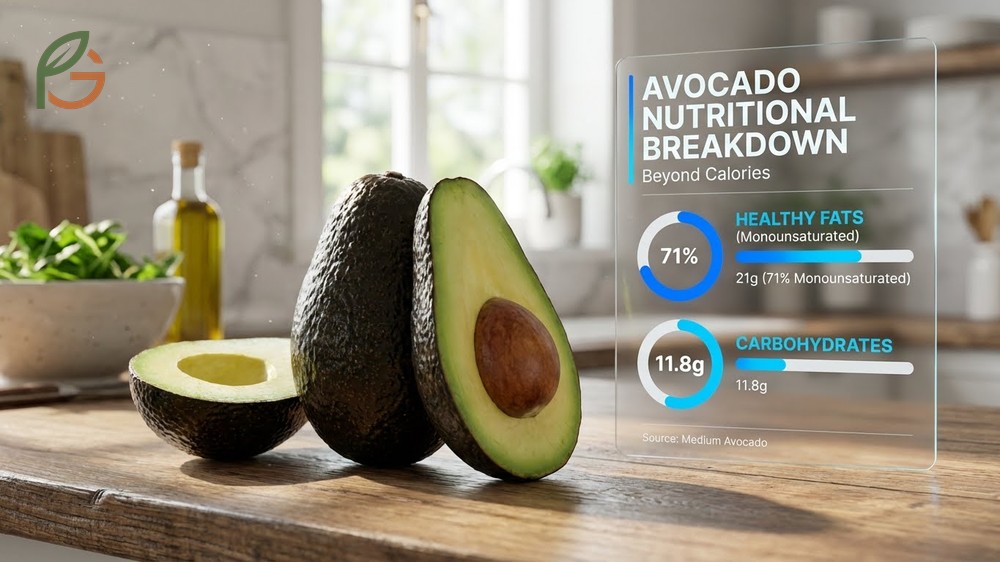 Nutritional breakdown beyond calories showing fiber, healthy fats, and vitamins in a whole avocado.
