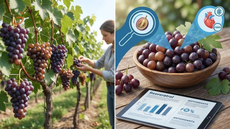 Benefits of muscadine grapes feature 50 to 100 micrograms of resveratrol per gram in skins for antioxidant support.
