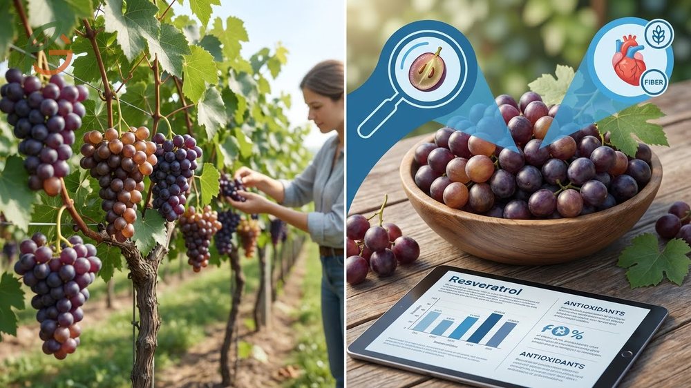 Benefits of muscadine grapes feature 50 to 100 micrograms of resveratrol per gram in skins for antioxidant support.