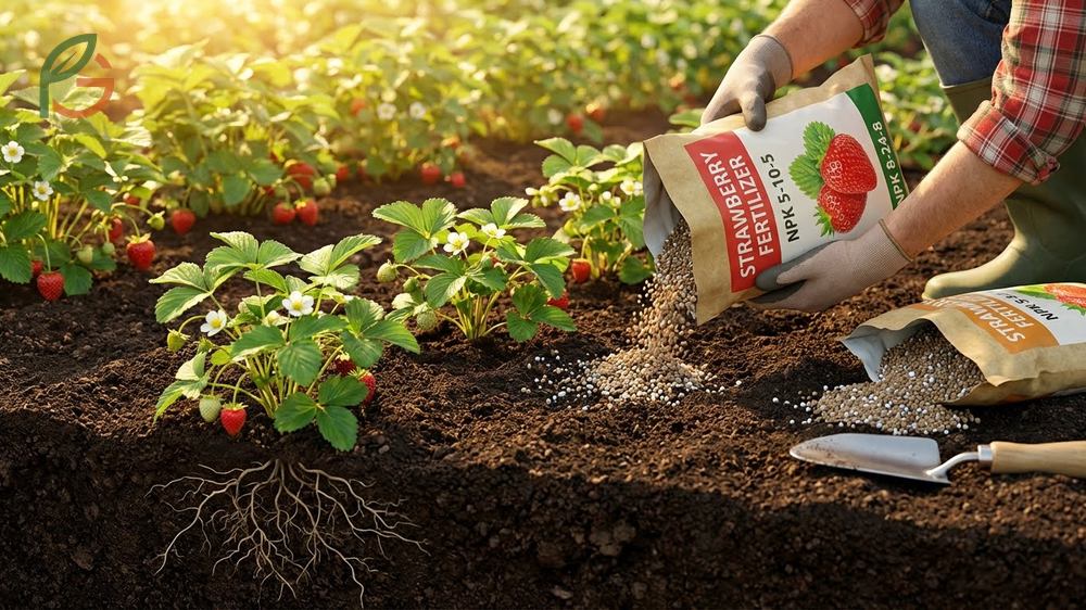 Best fertilizer for strawberry plants guide recommending NPK 5-10-5 for strong root and fruit development.