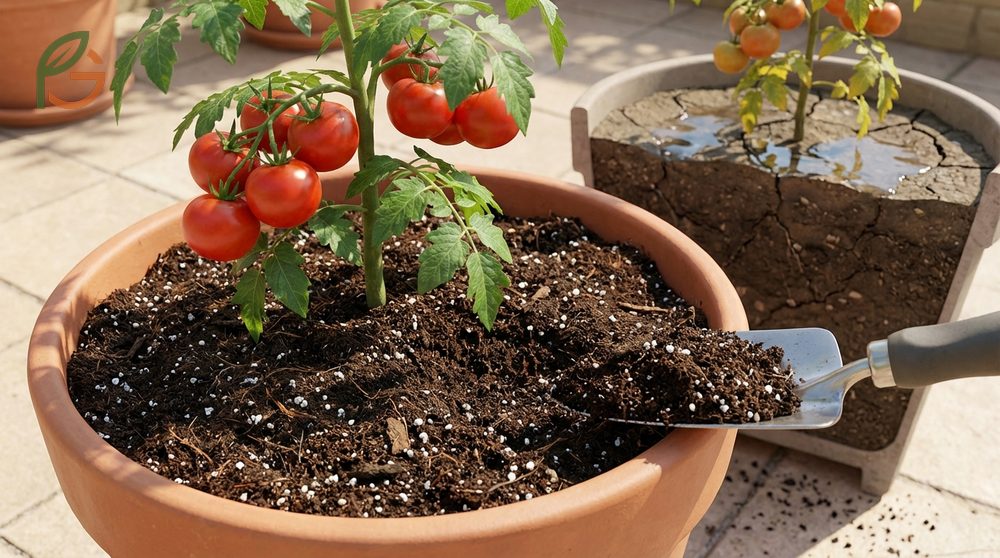 Best soil for potted tomato plants contains peat moss and perlite to ensure aeration and moisture retention for healthy roots.