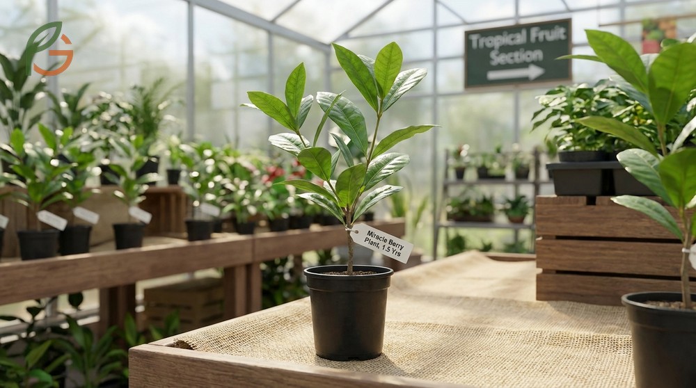 Young miracle berry plants for sale in nursery pots are typically two years old before fruiting.