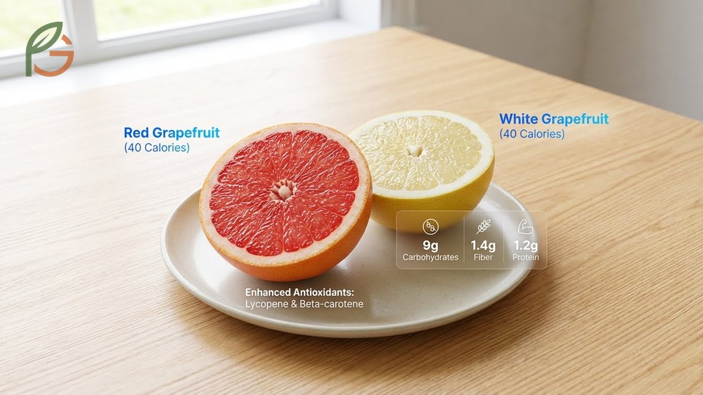 Calories in a red grapefruit are identical to white varieties at 40 calories per half serving with added lycopene.