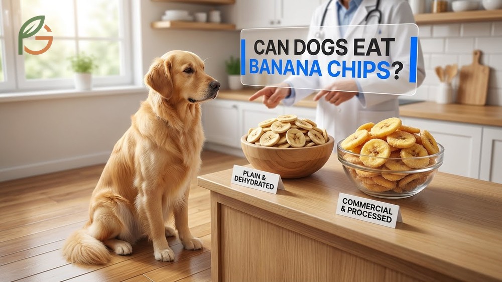 Dogs eating plain dehydrated banana chips without added sugars or oils as an occasional snack.