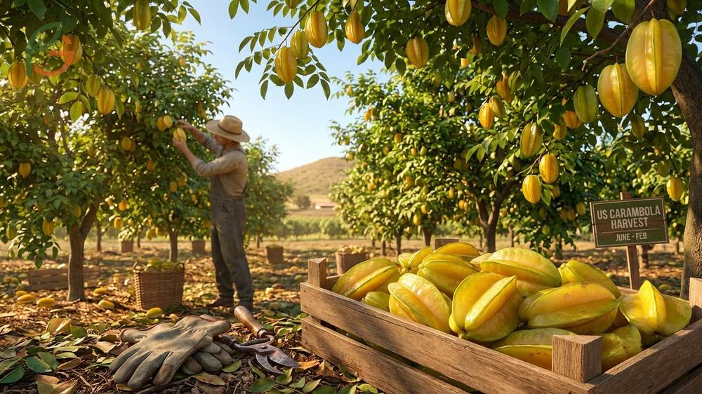Carambola harvest season timing is influenced by temperature changes and irrigation that trigger flowering cycles.