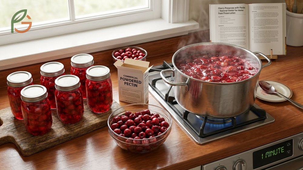 Cooking cherry preserves with powdered pectin to achieve a firm set with just one minute of boiling.