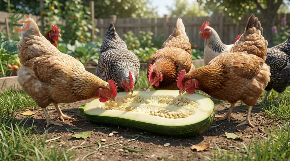 Chickens eating zucchini prepared by cutting lengthwise or hanging whole to encourage natural foraging behavior.