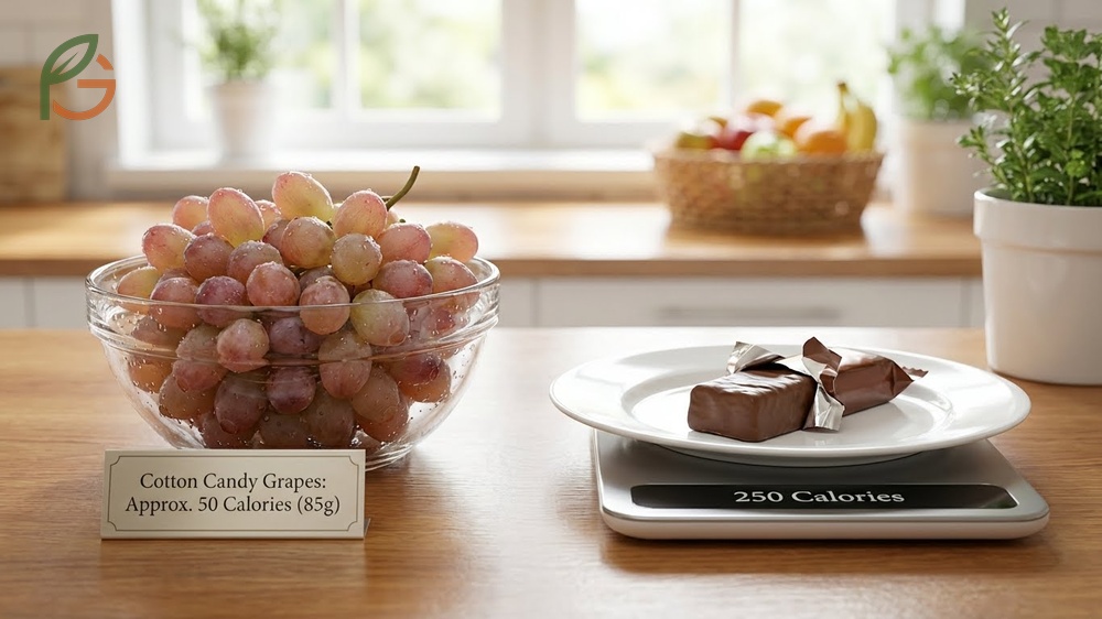 A half cup serving of cotton candy grapes contains 50 calories and 23 grams of natural sugar without added sweeteners.