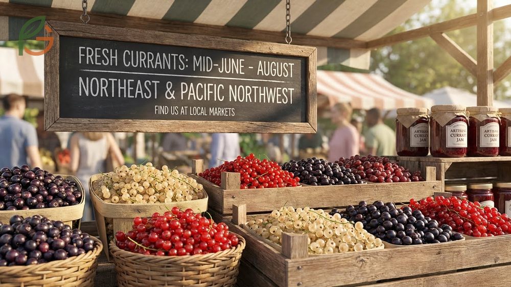 Currant season and where to buy guide noting harvest times from mid-June through August at local farmers markets.