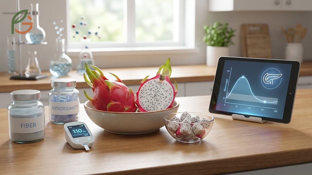 Dragon fruit and diabetes benefits due to a low glycemic index of 48 to 52 that helps stabilize blood sugar levels.