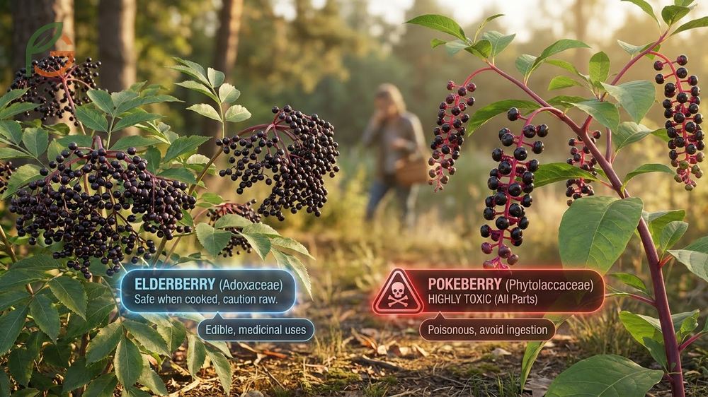 Elderberry vs pokeberry distinction based on 6mm smooth berries versus larger berries with dimples.