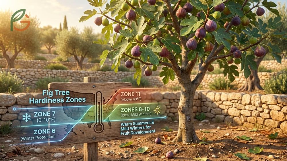 Fig tree hardiness zones map showing survival ranges in zones 7-11 with minimum winter temperatures listed.