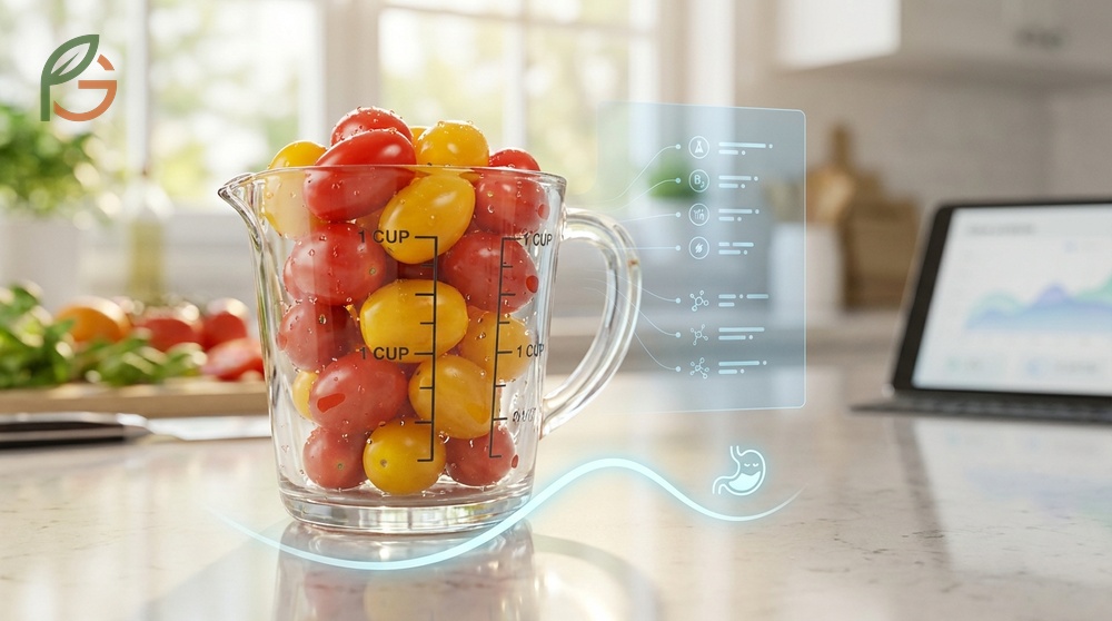 Grape tomatoes nutrition facts displaying 23 percent daily vitamin C and 353mg potassium per cup.
