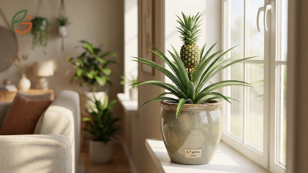 A pineapple plant growing indoors showing its compact root system suitable for small spaces.