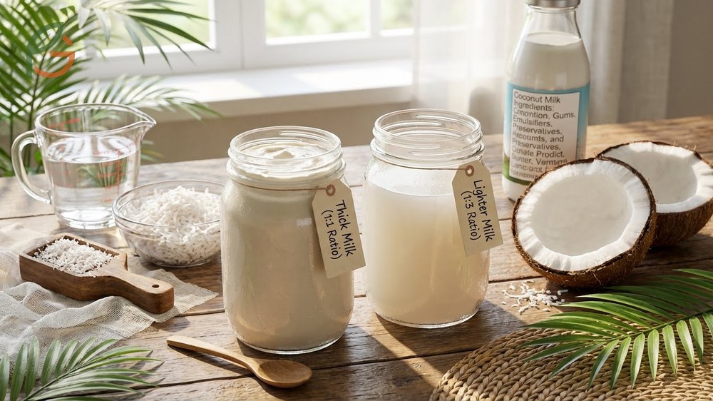 Homemade coconut milk blending techniques using high speed blenders to create a smooth and creamy texture.