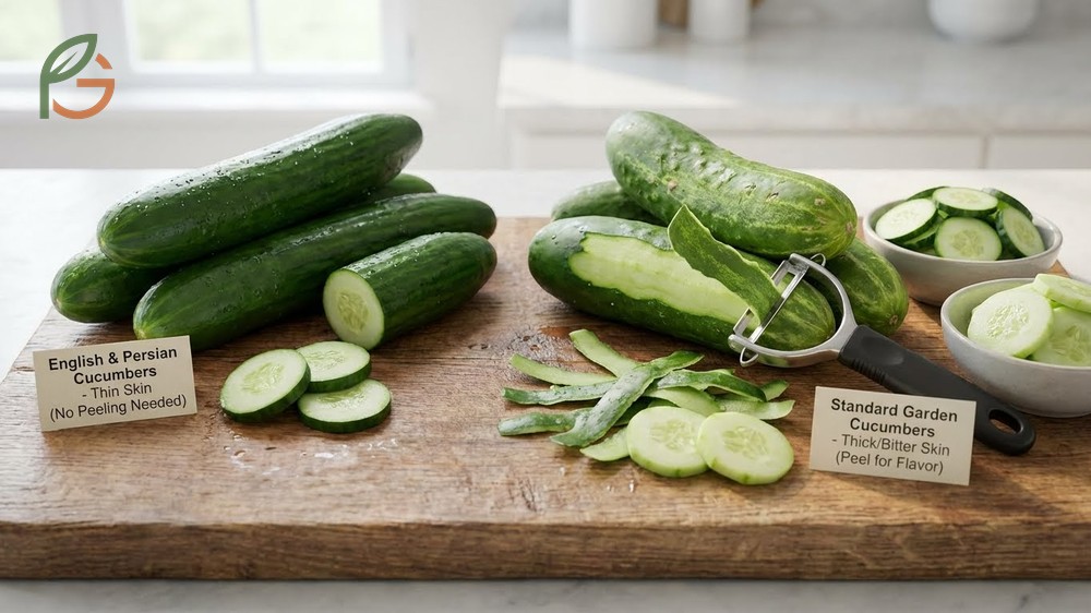 How to peel a cucumber depends on the variety and involves checking for bitterness at the stem end before removing skin.