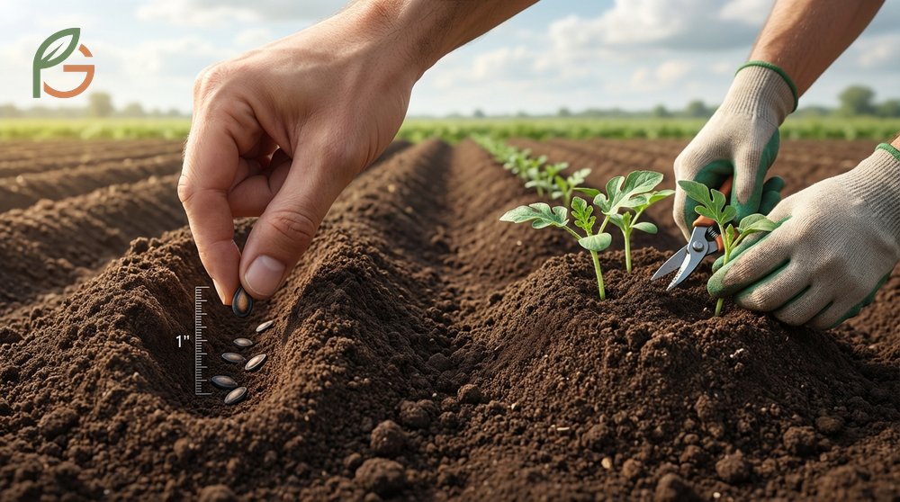 How to plant watermelon seeds 1 inch deep in mounds spaced 4 feet apart to allow vines to spread 6 feet between rows.