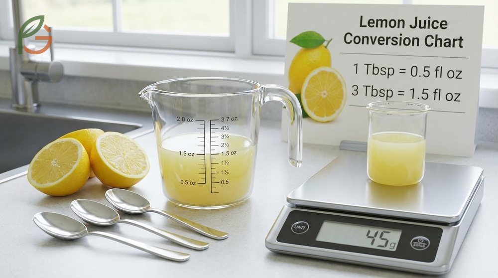 A helpful chart converting tablespoons of lemon juice to fluid ounces for accurate baking measurements.