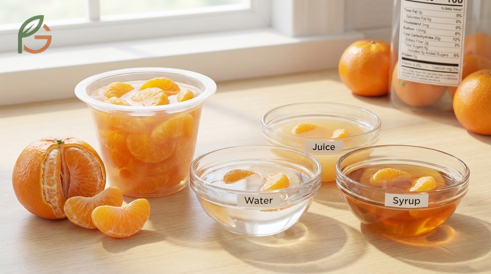 Mandarin orange fruit cup overview describing peeled segments packed in liquid for convenient snacking.