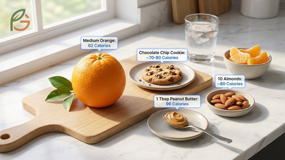 One orange calories compared to snacks shows a medium fruit has 62 calories versus 96 in peanut butter.