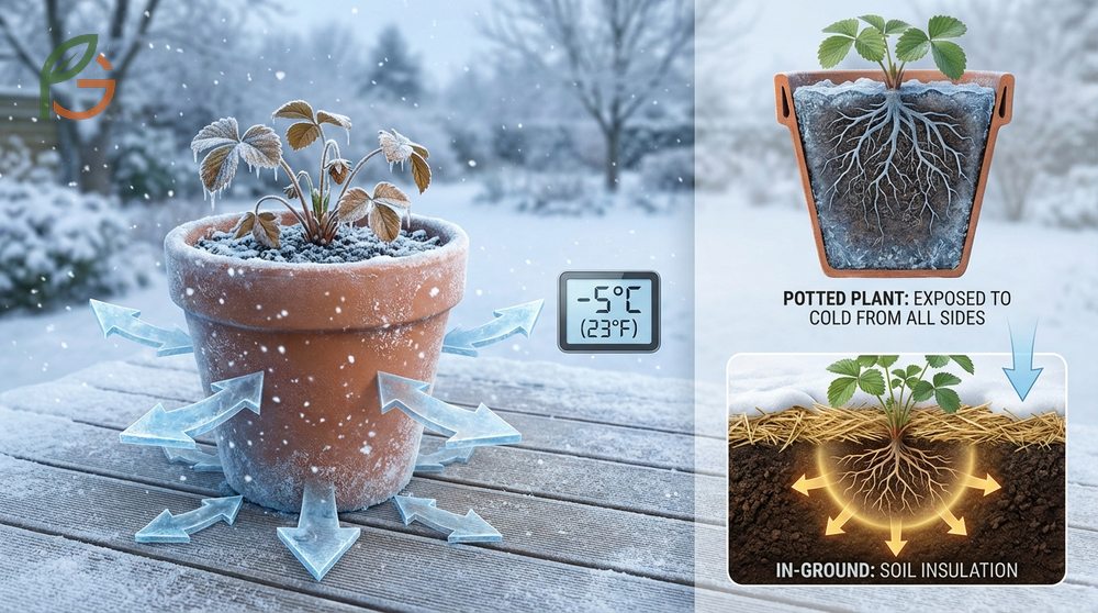 How to winterize strawberry plants in pots by moving them to shelter or burying containers for insulation against cold.