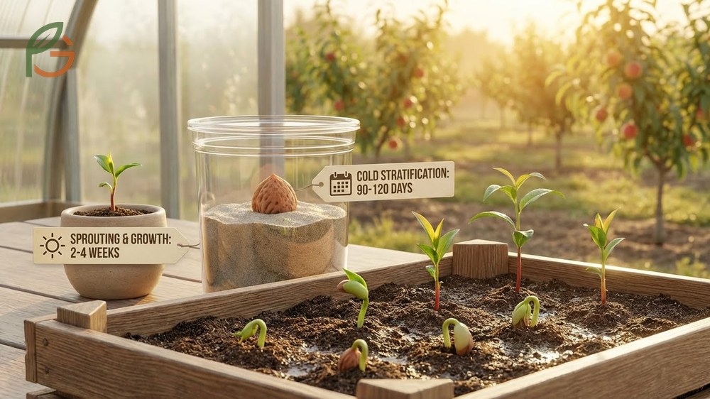 Germination time for peaches spans 12 to 18 weeks total including the critical cold stratification period.